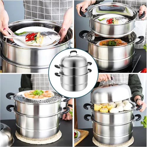 Miniatura 5 de MANO Olla Vaporera para Cocinar de 12.6 Pulgadas con Tapa, Olla Vaporera de Acero Inoxidable de 2 Niveles, Utensilios de Cocina Multiusos con Mango