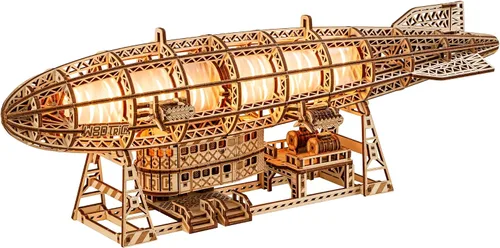 Wood Trick Zeppelin Luminoso Rompecabezas de madera dirigible LED 3D para adultos para construir - Hélices móviles y cola - Incluye montaje en pared