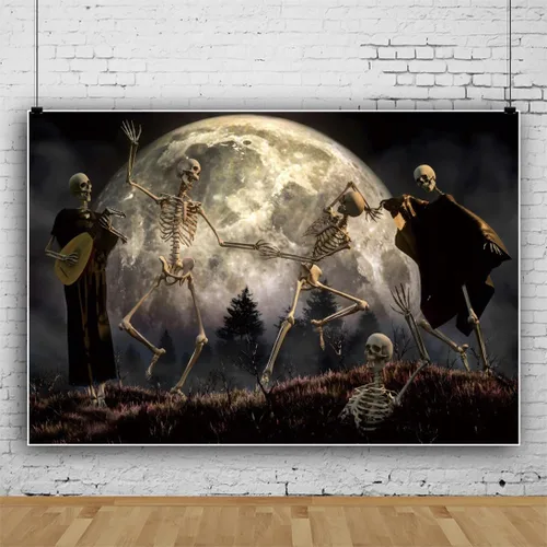 Miniatura 2 de Telón de fondo de Halloween de 5 x 3 pies para sesión de fotos, luna llena, esqueletos nocturnos, cráneo, danza, fondo para fotografía, casa
