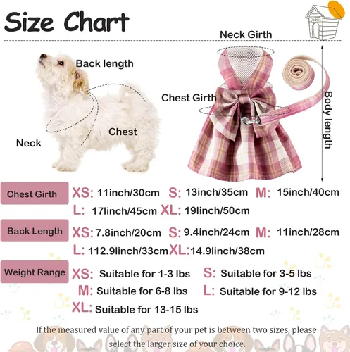 Miniatura 2 de Potchen Juego de 4 piezas de bonito vestido a cuadros para perro con arnés de lazo y correa para perros pequeños, ropa de cachorro para niñas