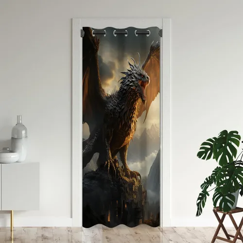 Miniatura 13 de Cortinas de puerta de dragón para puertas, mágica cortina opaca medieval de animales de fantasía para armario de dormitorio de niños, con ojales