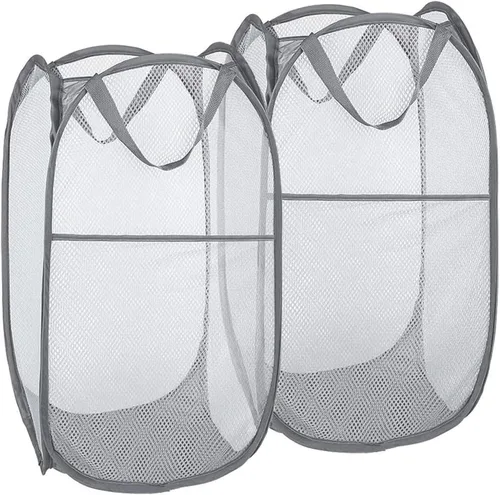 Paquete de 2 cestas plegables de malla para la ropa sucia, cestas plegables para la ropa de baño, dormitorio universitario, viajes (gris)