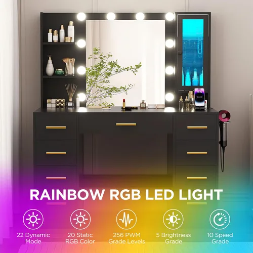 Miniatura 5 de ERLEJIA Escritorio de tocador con espejo y luces, tocador de maquillaje grande de 43 pulgadas con 9 cajones, 3 estantes abiertos, iluminación LED