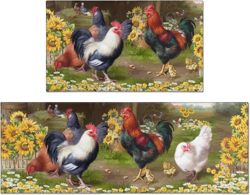 Juego de 2 alfombras de cocina con temática de gallo, decoración de granja, tapetes absorbentes y antideslizantes, lavables, decoración de girasol