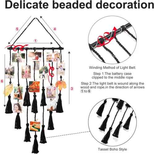 Miniatura 4 de Homecor Decoración de pared colgante de macramé negro, decoración bohemia para habitación, collage de marcos de fotos con luz remota, 30 clips