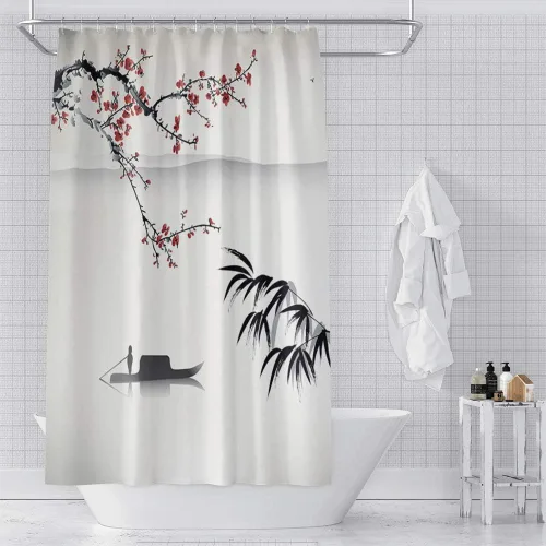 Miniatura 11 de Cortina de ducha japonesa con flores de cerezo blanco, pétalos que caen, decoración de fondo rosa, tela impermeable, cortina de baño floral