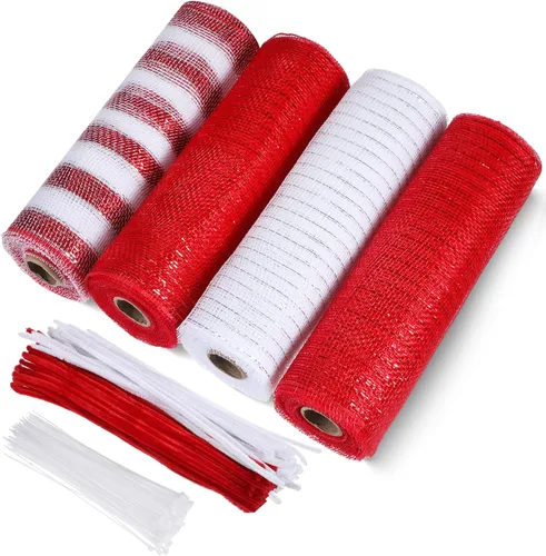 Miniatura 7 de Funtery 4 Rollos de 40 Yardas de Cinta de Malla Decorativa de Navidad, Cinta de Malla Decorativa con Tallo de Chenilla y Abrazaderas de Plástico