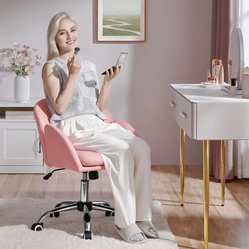 Miniatura 2 de Yaheetech Silla de escritorio linda con diseño de pétalos, silla de oficina en casa, silla giratoria de piel tapizada, silla de tocador de rosado