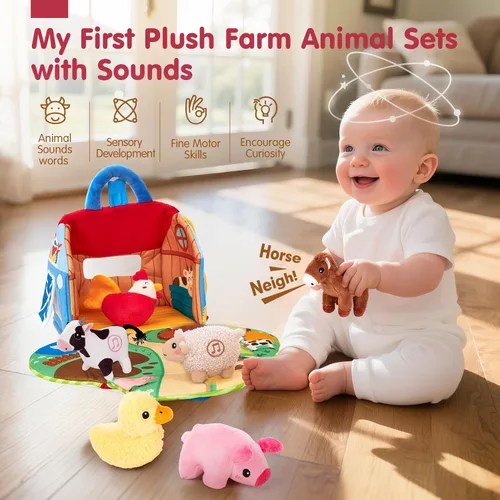 Miniatura 2 de hahaland Juguetes para bebés de 6 a 12 meses – Granero sorpresa con animales de granja de peluche con sonidos reales – Juguetes Montessori