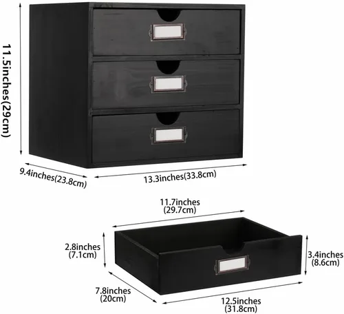 Miniatura 3 de Caja de almacenamiento de madera, organizador de escritorio rústico con 3 cajones, accesorios de escritorio de oficina, estante grande