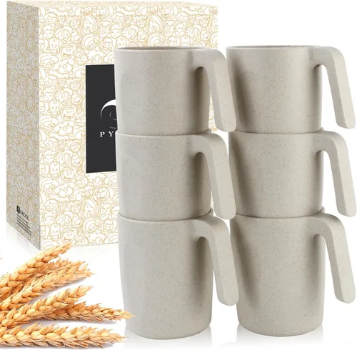 PYRMONT Juego de 6 tazas de paja de trigo, tazas de café de plástico reutilizables, tazas de té con asas, juego de tazas de 16 onzas para café,