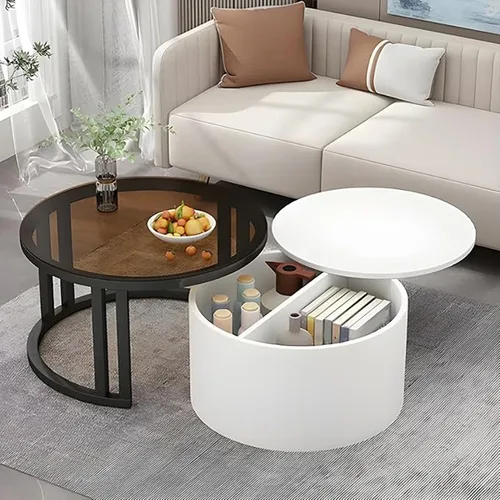 Miniatura 7 de Couchtisch Rund 2er Set, Kreativer Runder Couchtisch Aus Glas mit Metallrahmen, Mit Stauraum für Kleine Räume Wohnzimmer Schlafzimmer Balkone mit B