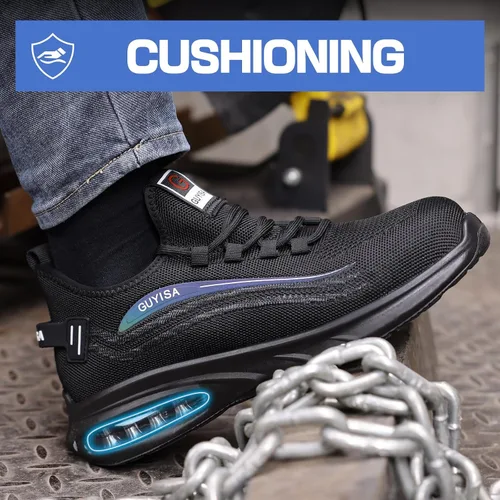 Miniatura 6 de GLANOUDUN Zapatos de punta de acero para hombre, zapatos de trabajo negros, zapatos de seguridad ligeros para hombres, zapatos de seguridad