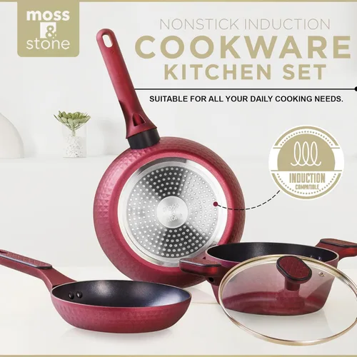 Miniatura 2 de Moss & Stone Juego de utensilios de cocina antiadherentes de 4 piezas, juego de ollas y sartenes pequeñas antiadherentes con tapa de vidrio, 4