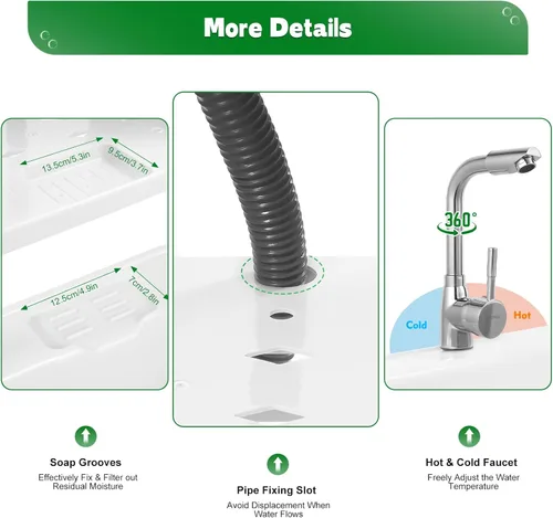 Miniatura 5 de Fregadero de Lavandería de Plástico Independiente con Tabla de Lavadero, Fregadero Utilitario para Interiores y Exteriores con Grifo de Agua Fría