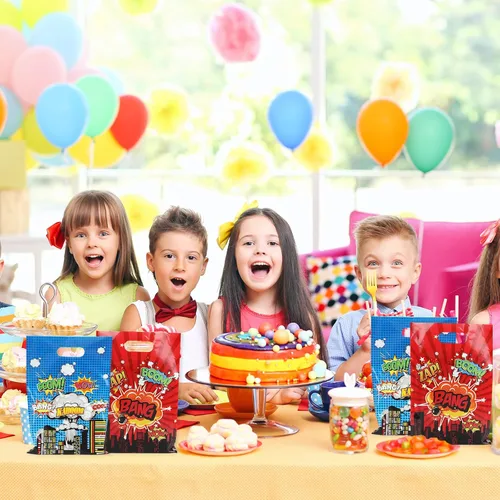 Miniatura 6 de 50 bolsas de regalo de héroe con temática de héroe de feliz cumpleaños, bolsas de regalo de héroe de acción de héroe, bolsas de regalo de plástico