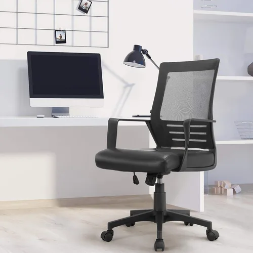 Miniatura 8 de Yaheetech Silla de computadora acolchada de cuero con respaldo de malla media con soporte lumbar, silla de oficina ergonómica de altura ajustable