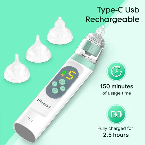 Miniatura 11 de Aspirador nasal eléctrico para bebé, aspirador de nariz para niños pequeños, chupón de nariz impermeable para bebé, limpiador de nariz con 3 puntas