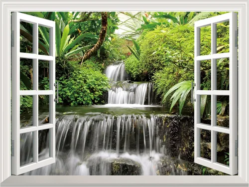 Miniatura 9 de FLFK Adhesivo de Pared de Ventana Falsa - Lagos en la Selva Mural de Pared de Ventana Falsa para Decoración de Pared, Calcomanías de Pared