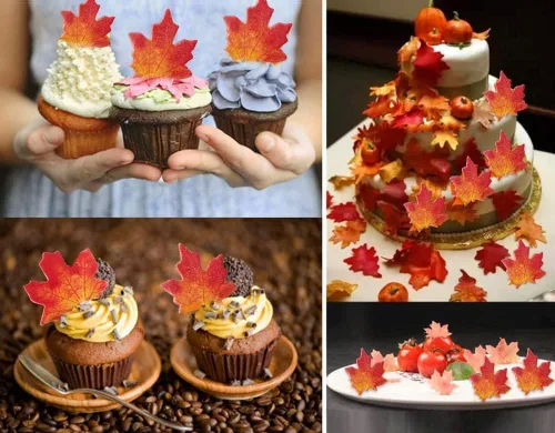 Miniatura 3 de Morofme 50 piezas comestibles de hojas de otoño para cupcakes, hojas de arce, decoración comestible de hojas doradas, papel de oblea, hojas