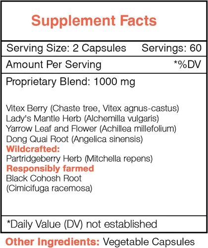 Miniatura 3 de Secrets of the Tribe Regulador de Ciclo 120 Cápsulas, 1000 mg, Vitex, Partridgeberry, Manto de Dama, Cohosh Negro, Milenrama, Dong Quai. Fórmula