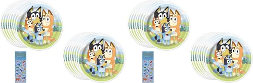 Miniatura 3 de El paquete de suministros para fiesta de cumpleaños Bluey incluye platos de papel para el almuerzo, 16 unidades y 1 hoja de calcomanías de dinosaurio