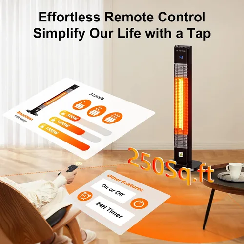 Miniatura 3 de Calentador al aire libre de 1500 W, calentador de patio con control remoto, 3 niveles de calor, temporizador de 24H, tubo de calentamiento de fibra