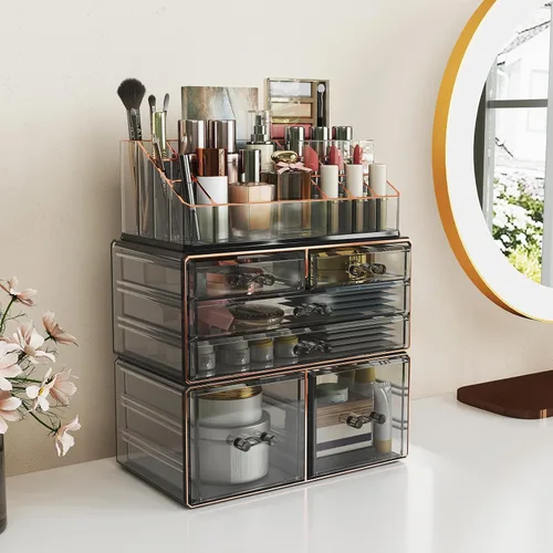 Delamu Organizador de maquillaje de 3 niveles y 6 cajones para encimera, organizador de cosméticos para tocador y tocador, organizador de baño, Negro