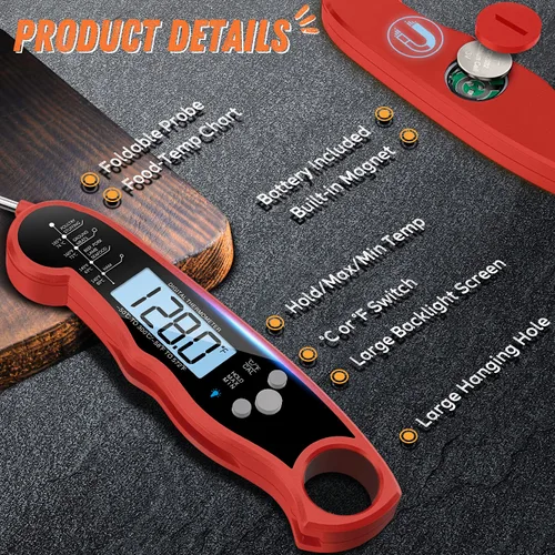 Miniatura 6 de Termómetro de Lectura Instantánea para Carne para Parrilla y Cocina, Termómetro Digital Rápido y Preciso para Alimentos con Luz de Fondo, Imán