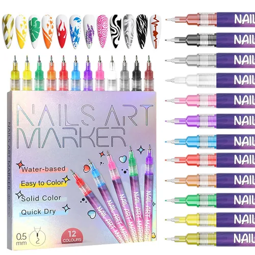 Juego de 12 bolígrafos para arte de uñas, 0.020 in, de secado rápido, marcadores de pintura acrílica, para pintar, dibujar, pintar, puntos de uñas,