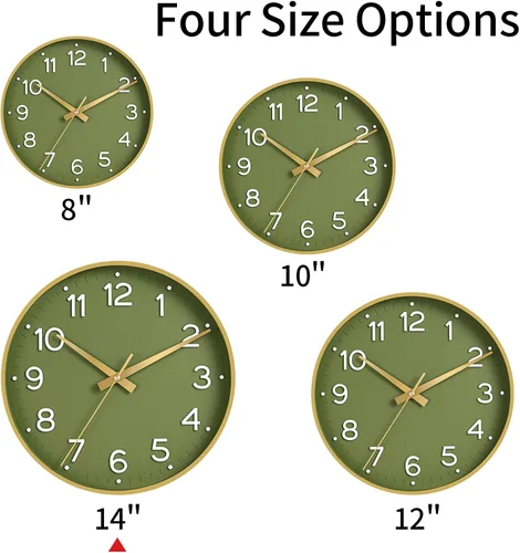 Miniatura 2 de Roymnie Reloj de pared verde silencioso de 14 pulgadas, funciona con pilas, moderno reloj analógico sin tictac decorativo para sala de estar, A_oro