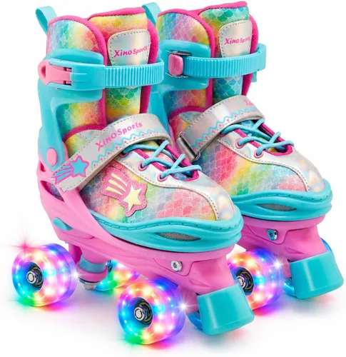 XinoSports - Patines ajustables para niños y niñas con ruedas iluminadas (de 5 a 20 años) - Patines con ruedas iluminadoras Arcoíris