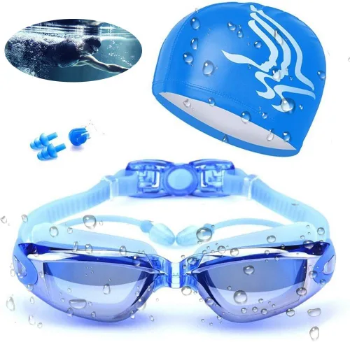 Miniatura 10 de Gafas de natación impermeables y juego de gorras 4 en 1, lentes de protección UV 400 transparentes antivaho