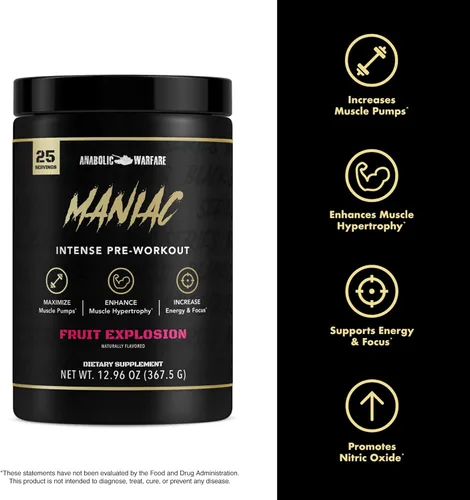 Miniatura 4 de Anabolic Warfare Black Series Maniac, polvo de pre-entrenamiento, soporta óxido nítrico, bombas musculares y síntesis de proteínas* Apple Ambush