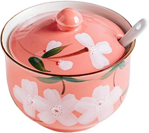 Miniatura 9 de FUYU Tarro de condimentos de cerámica con flores pintadas a mano con tapa y cuchara, recipiente para azúcar Azul