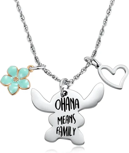 Ralukiia - Collar con la frase "Ohana mean family", llavero con forma de Stitch, regalos de joyería para niños y niñas
