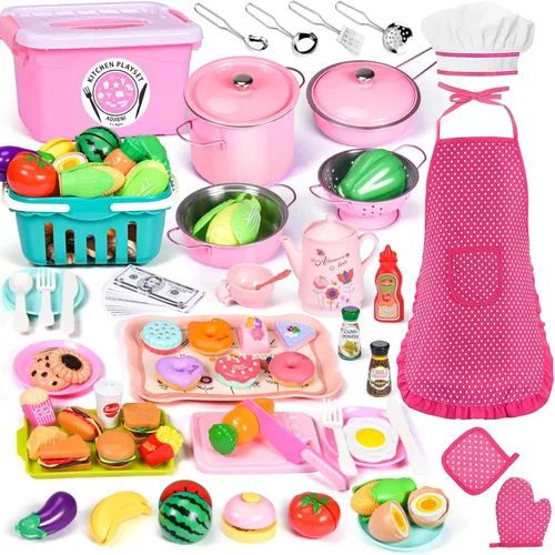121 piezas de accesorios de cocina de juguete, juego de cocina para niños, juego de comida de imitación, set de fiesta de té, cocina de juguete para