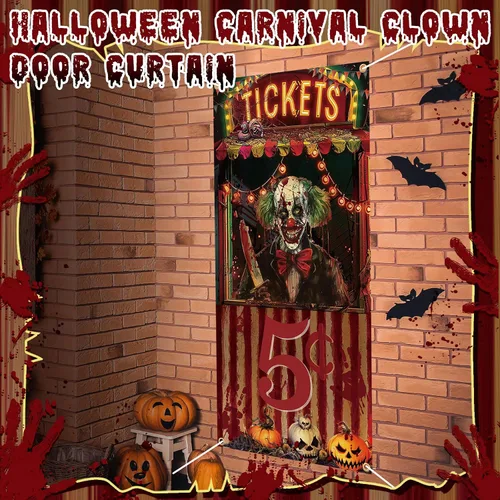 Miniatura 6 de Preboun Decoraciones de carnaval de Halloween, cubierta de puerta de Halloween, accesorio para taquilla de boletos de circo, cartel espeluznante