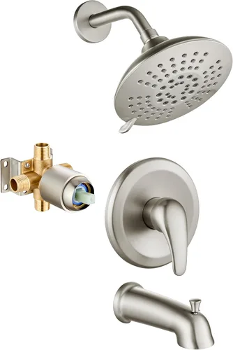 Miniatura 12 de Juego de grifo de ducha para bañera, montado en la pared, cabezal de ducha de lluvia de 5 pulverizaciones de 6 pulgadas con válvula áspera, control