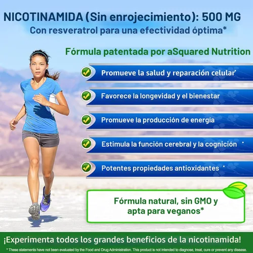 Miniatura 7 de aSquared Nutrition Nicotinamida con resveratrol – 120 cápsulas vegetales – Vitamina B3 500 mg (sin descarga de niacinamida) – Suplemento píldoras