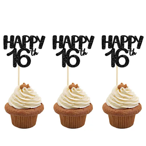 Miniatura 13 de Gyufise Paquete de 24 adornos negros para cupcakes con el número 10, para celebrar 10 cumpleaños, bodas, aniversarios, fiestas, suministros