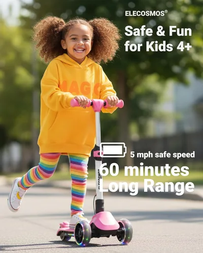 Miniatura 2 de ELECOSMOS Patinete Eléctrico Seguro para Niños de 4+, Equilibrio para Principiantes, Acelerador de Pulgar, Cubierta con Luces Intermitentes, Ruedas