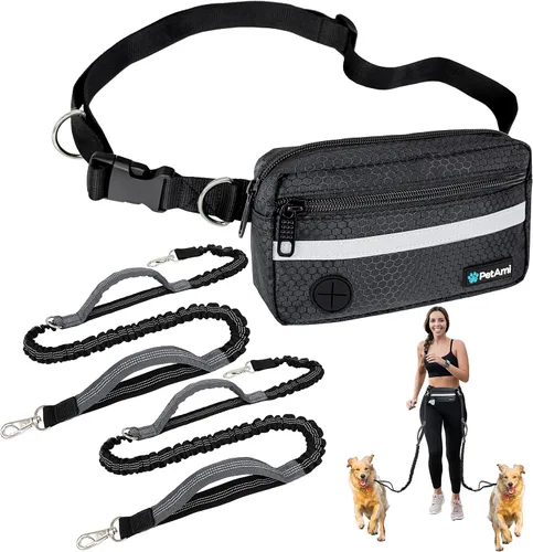 PetAmi - Correa de perro manos libres para correr y caminar, con cinturón con cremallera y dispensador de bolsas para excrementos, asas acolchadas