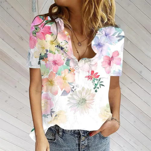 Miniatura 5 de Blusas de verano para mujer, cuello en V, ajuste holgado, cómodas, de algodón, lino, estampado floral, blusas a la moda 2023