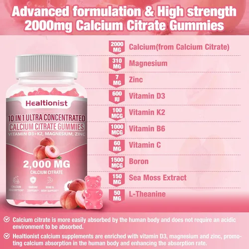 Miniatura 3 de 2 paquetes de 2000 mg de citrato de calcio con vitamina D3 K2 suplementos de gomitas para mujeres y hombres, magnesio, zinc, alta absorción, apoyo