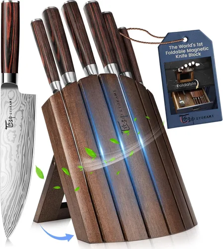 Juego de cuchillos SYOKAMI 7 piezas, juego de cuchillos de cocina estilo japonés con bloque plegable magnético de madera de acacia. Cuchillos