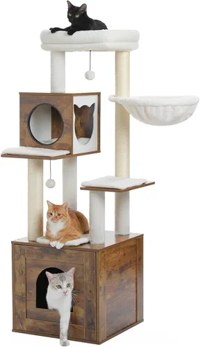Miniatura 10 de PETEPELA Árbol para gatos de 56.7 pulgadas con caja de arena, torre grande de madera para gatos de interior con armario de almacenamiento y acogedor