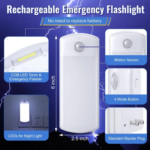 Miniatura 3 de Paquete de 2 luces LED de fallo de alimentación, 4 en 1 linternas recargables enchufables con detección de movimiento, luces LED de emergencia