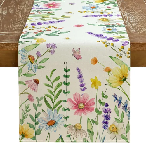 Miniatura 11 de GEEORY Camino de mesa de primavera de 13 x 72 pulgadas, acuarela floral de flores silvestres con mariposa, decoración de mesa rústica de granja