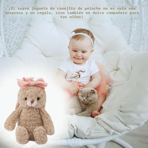 Miniatura 7 de Animal de Peluche Conejito Suave Juguete Tierno de 8'' de Largo - Conejito de Peluche Marrón de Orejas Largas con Lazo Rosa Juguetes de Peluche